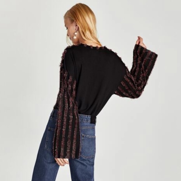 NWT! Zara eyelash fringe wine striped black long sleeve tee. Size S - Picture 4 of 7